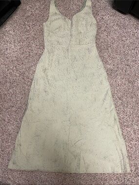 Silk linen embroidered floral design Sage midi dress - new